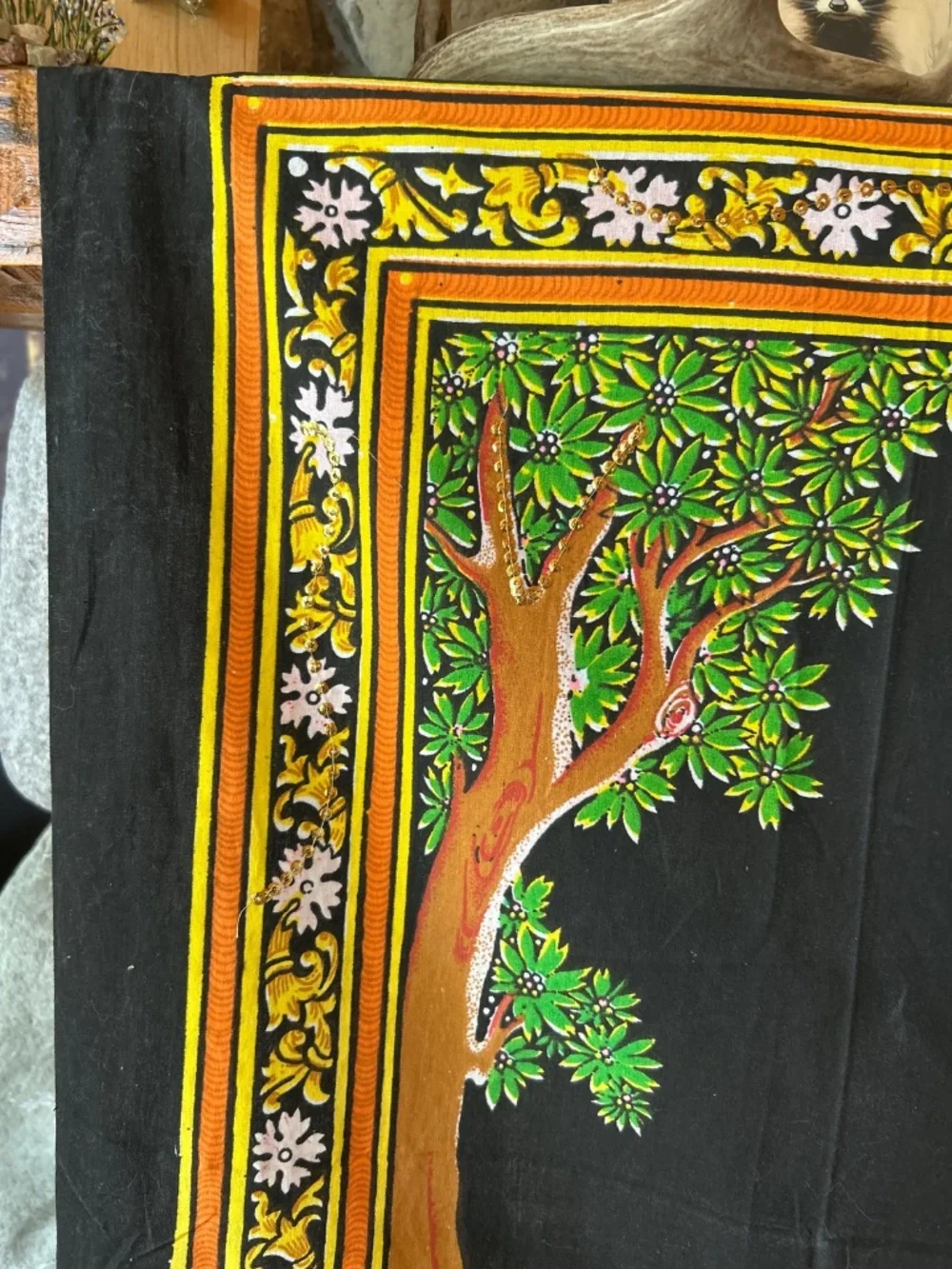 Pichwai Style Krishna Radha Sequin Tapestry | Sacred Hindu Folk Art Wall Decor